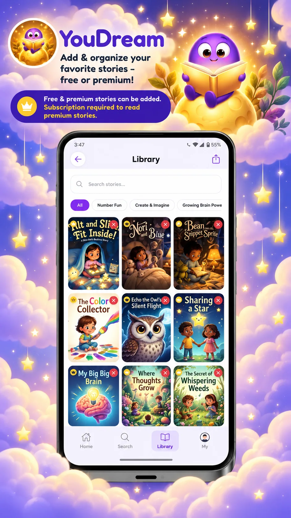 The YouDream library screen showing a selection of magical stories