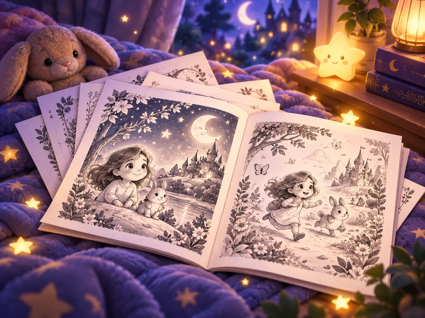 Printed YouDream story pages in a dreamy bedtime setting