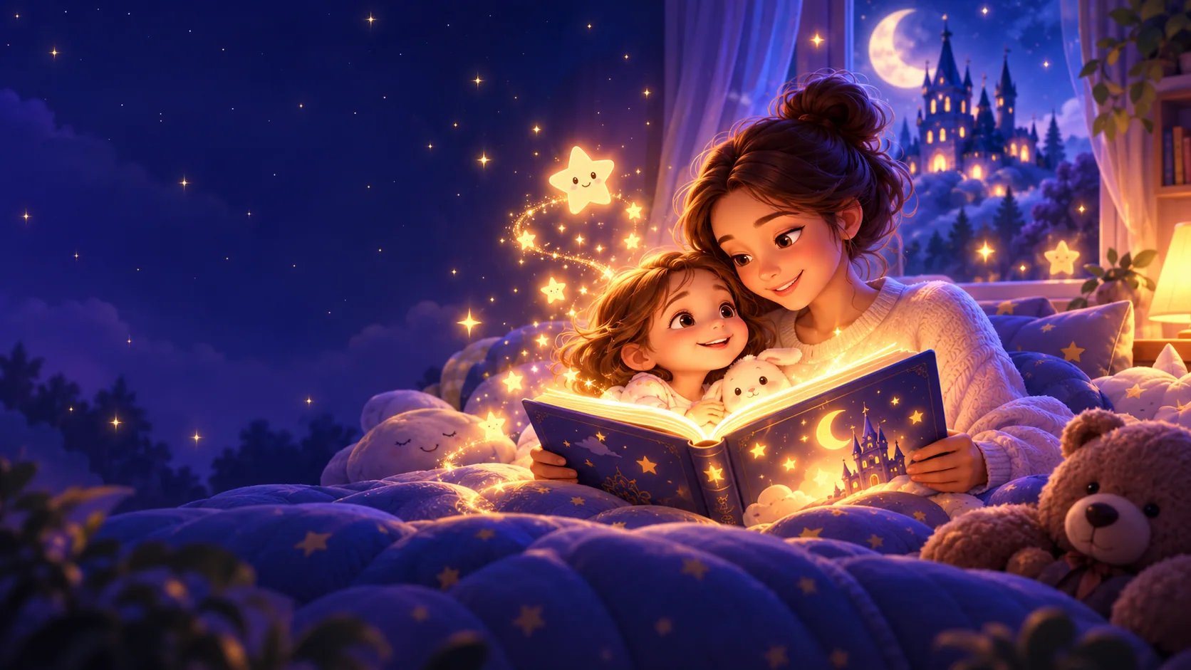 A parent and child reading a magical bedtime story together