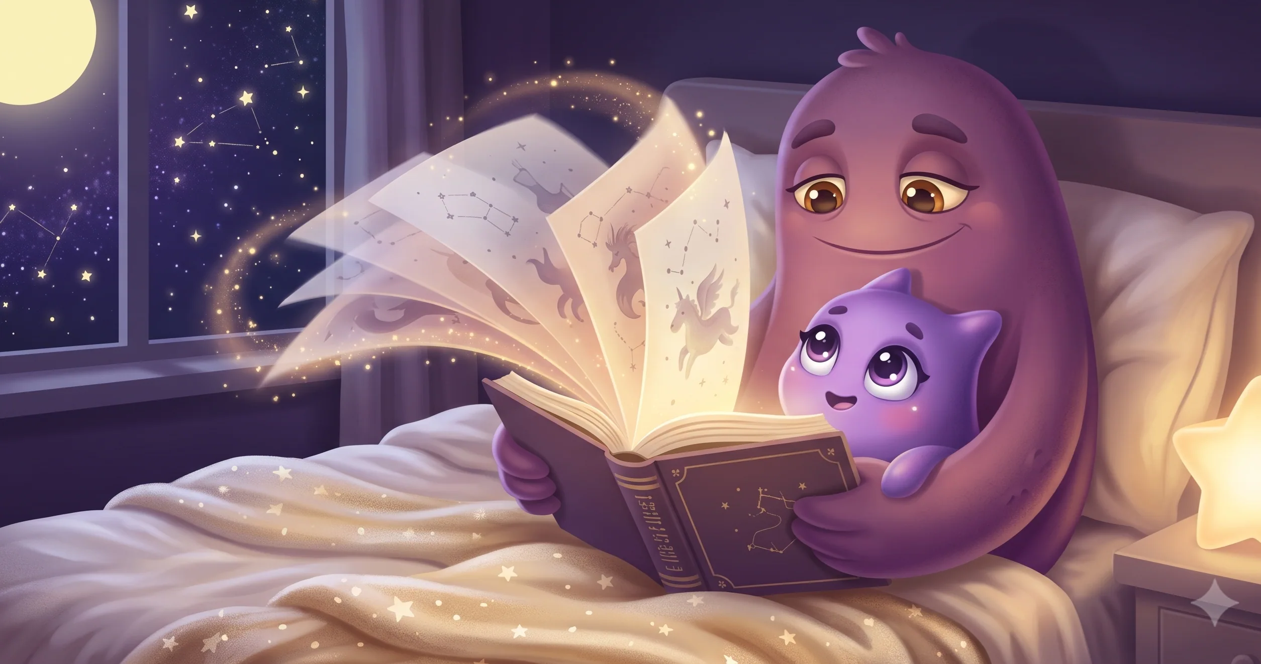 A magical YouDream character floating above an open storybook under a moonlit sky