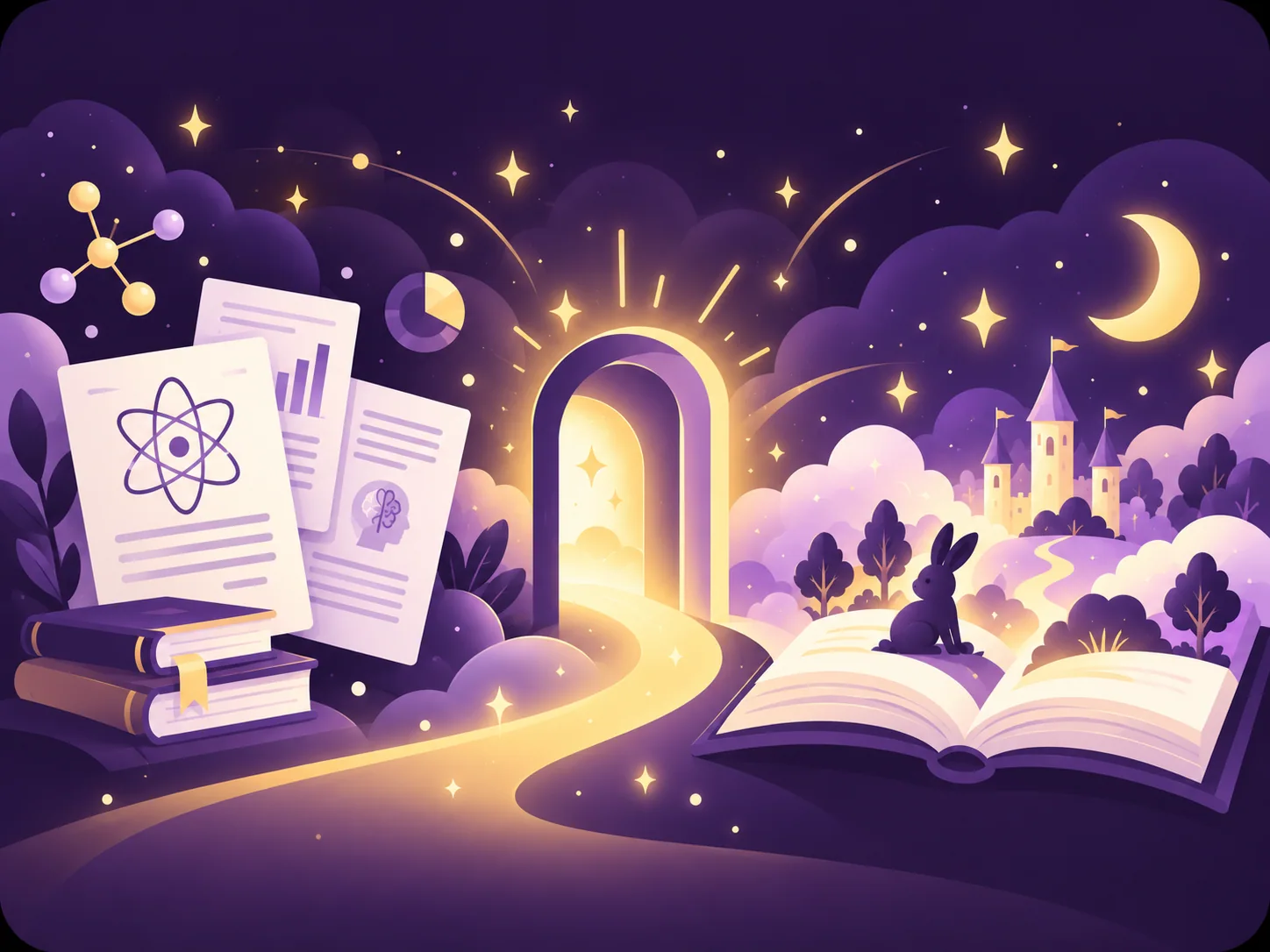 An illustration combining a research paper, science symbols and a magical story world